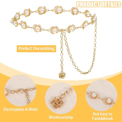 Flower Pearl Waist Chain Belt for Women, Gold Silver Chain Belts for Dresses Jeans Jewelry Decorative Accessory Gift3