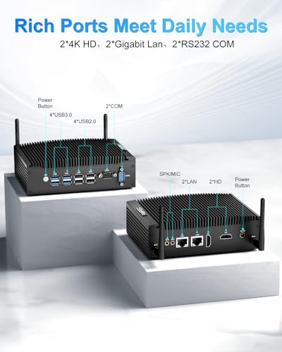 Image of FANPEEC Fanless Mini PC Industrial Core i5-8350U 16GB DDR4 RAM 512GB SSD Fanless PC 2xHD, Industrial Computer Win 11 Pro /Ubuntu, 2xRS232 COM, WiFi5, BT4.2, 4xUSB2.0 + 4xUSB3.0, Power On Auto