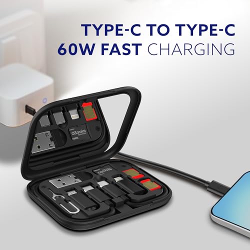 Image of AGARO Snapcase 6-in-1 Multifunctional 60W Fast Charging Case, Built-in Type-C, USB-A, Lightning & Micro-USB Cables, Makeup Mirror, Phone Stand, Sim Storage, Sim Eject Pin, Travel Charging Kit, (Black)