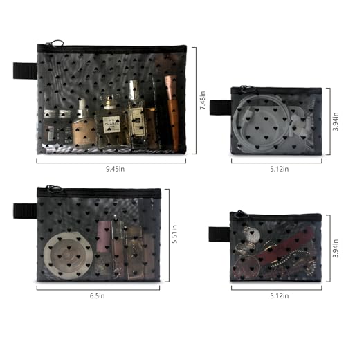 4-Piece Heart Printed Mesh Makeup Bag Set, Portable Travel Mesh Cosmetic Bags Toiletry Bags Makeup Purse Bags Mesh Zipper Storage Pouches for Home Offices Travel Accessories (Black)2