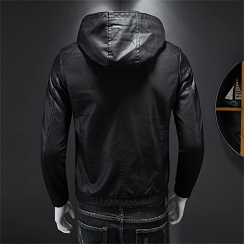 Chaqueta casual con capucha de cuero sintético negro para hombre miniatura 2