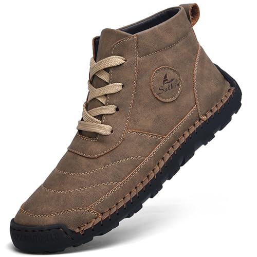 Image of Men's Casual Leather Handmade High Boots Fashion Lace-Up Non-Slip Sneakers Outdoor Comfort Retro Walking Driving Ankle Chukka Bootie