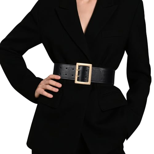 JASGOOD Women Wide Elastic Waist Belt for Dresses Fashion Gold Square Buckle Stretchy Leather Waistband for Ladies