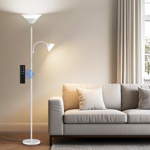 SIBRILLE Stehlampe Wohnzimmer 34W 2100LM Stehlampe LED Dimmbar, Fernbedienung&Touch-Steuerung, 3000K-6500K Stehleuchte Moderne Deckenfluter LED Dimmbar mit Leselampe für Wohnzimmer Büro, Weiß