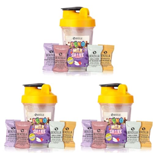 Image of Bevzilla Instant Milkshake Cubes & Bottle Pack | Strawberry, Butterscotch, Choco Hazelnut & Vanilla Creme | BPA Free Shaker 500 Ml Leak Proof (Pack of 3)