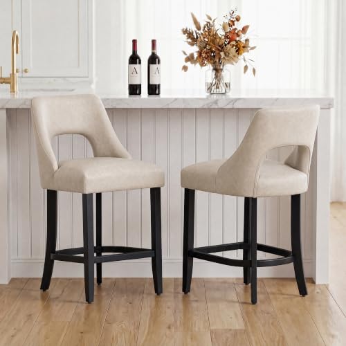 Image of UVV Bar Stools Set of 6, Modern Upholstered Counter Height Bar Stools, Faux Leather Counter Stools BarStools with Wood Legs for Kitchen Island Dining Room Bar, Beige
