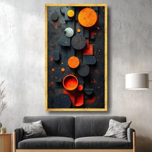 Tableau abstrait géométrique orange et noir toile 50x90cm