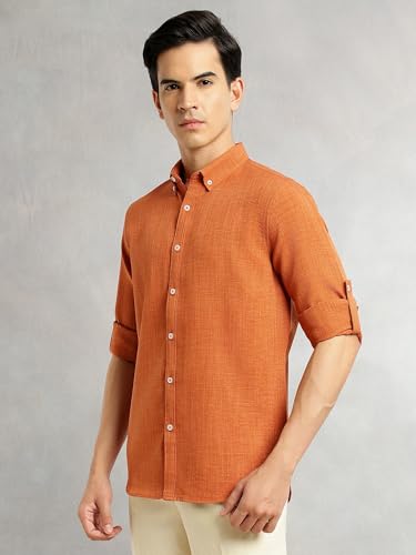 Image of Thomas Scott Men's | Solid | Textured Fabric | Full Sleeve | Slim Fit | Polyester-Blend | Spread Collar | Casual Shirt