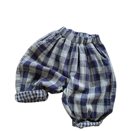 Kids Double Layer Cotton Vintage Solid Grid Pants Loose Casual Trousers