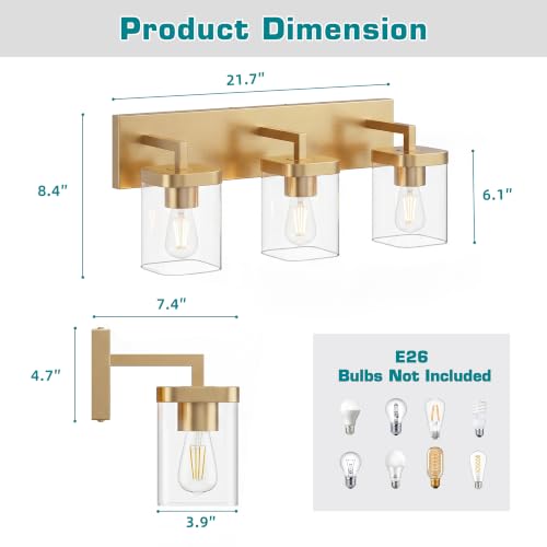Image of Bathroom Lighting Fixtures Over Mirror, Square Design & Rectangle Large Backplate, 3 Lights Modern Vanity Lighting Fixtures, Bathroom Light Fixtures for Bathroom /Living Room /Bedroom, Gold