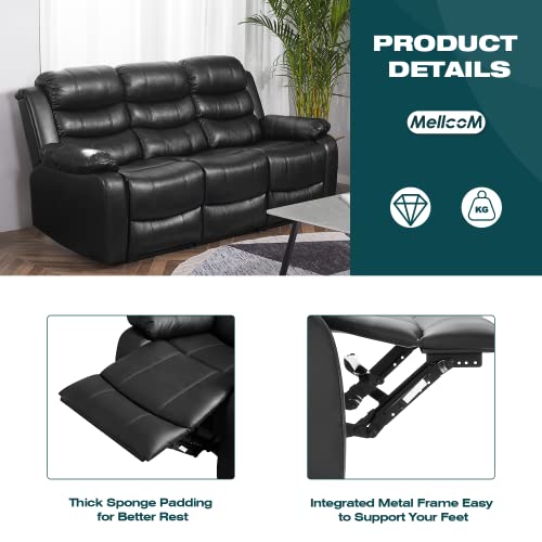 Mellcom Pu Leather Reclining Sofa, Upholstered Sofa Recliner Chair, Manual Reclining Home Theater Seating, Arm Chair For Living Room Reading Room Bedroom, Black, Three Seat #TOP5