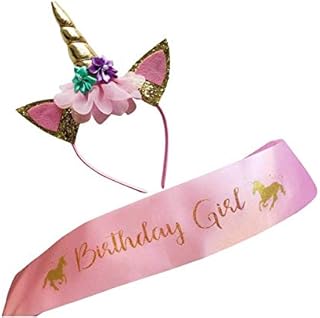 Other 2 Pcs Unicorn Birthday Girl Set - Gold Glitter Unicorn Headband & Pink Satin Sash for Girls with Ebook