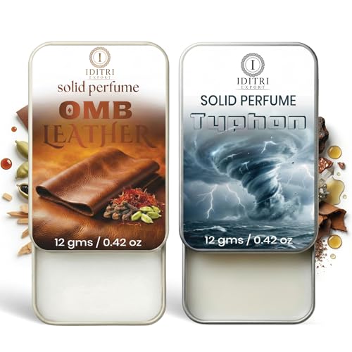 Image of Solid Perfume |OMB leather&Typhon Alcohol Free Wax Perfume Balm, Long Lasting | Pocket Tin 12g, Pack Of 2| Non Greasy Smooth Glide, Travel Friendly Men And Women