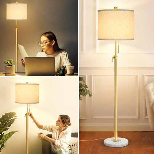 Qingmiao Modern Floor Lamp for Living Room, Adjustable Height Standing Lamp with Marble Base, Gold Tall Pole Light with Linen Shade for Reading Bedroom, Chain Switch, 8W 3-Way Dimmable Bulb Included by Qingmiao - Used condition - Image 5