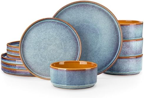 vancasso ONION Ceramic Plates and Bowls Sets, 12 Pieces Blue Dinn...