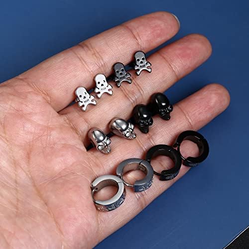 Kakonia 6 Pairs Men's Earrings Stainless Steel Skull Earrings for Men Women Studs Earrings Vintage Punk Earrings Emo Gothic Hoop Black Earrings Men Huggie Earrings Aesthetic Skull Jewellery