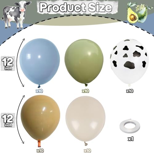 Image of Cow Print Balloons, 12 Inch Farm Animal Retro Dusty Blue Green Beige Black Sand White Nude Cow Latex Balloons for kid Cowboy My First Cowgirl Rodeo Baby Shower Farm Western Birthday Party Decorations
