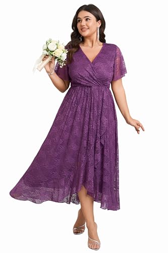 SCOMCHIC Womens Plus Size Wedding Guest Dress Formal Lace Wrap V Neck High Low Short Sleeve Cocktail Maxi Dresses XL-4XL