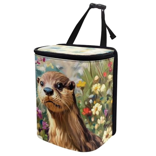Image of Talayituse Otter Daisy Print Car Trash Bin, Large Size Auto Trash Can Adjustable Portable Garbage Can with Lid, Vehicle Hanging Bag for Headrest Front Back Seat