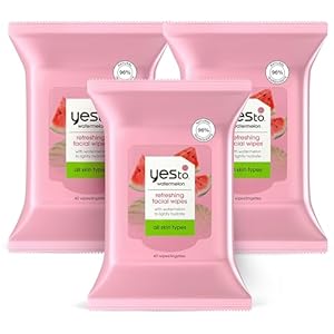 Yes To Face Wipes for Women and Men, Super Skin Recharging Facial Cleansing Wipes for use as a Make Up Remover, Cleaning, Soothing, Watermelon (Pack of 3)