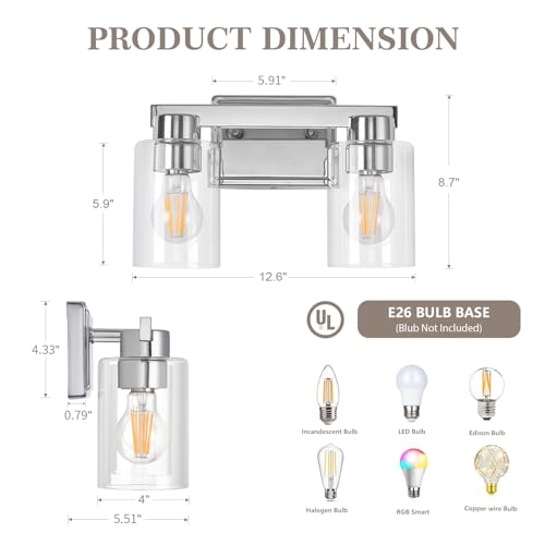 AURYNIX 2-Light Bathroom Light Fixtures with Clear Glass, Chrome by AURYNIX - Used condition - Image 2