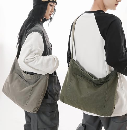 Image of Cotton Tote Handbag Women Canvas Crossbody Beach Bag Hobo Shoulder Tote Bag with 3 External Pocket,Zipper Closure