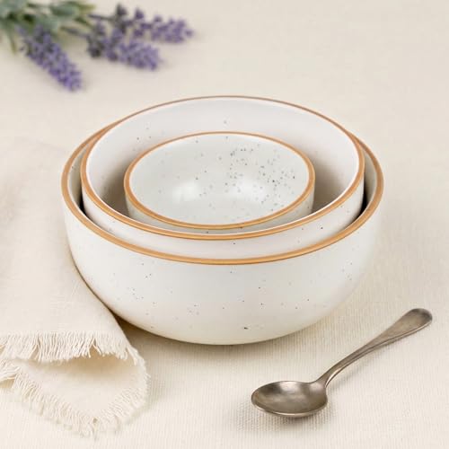 Image of The Earth Store White Matte Brown Ceramic Serving Bowl Set of 3 - 800ML, 500ML, 150ML Microwave Safe Bowl, Elegant Serving Bowl | Ceramic Bowl Set of 3 for Home | Restaurants | Gifting
