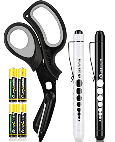 Meuut 3 Pack Medical Scissors Penlights For Nurse Kits- Two Medical Pen Lights With Four Batteries, One 8" Trauma Shears Bandage Scissors For First Aid Emt #TOP10