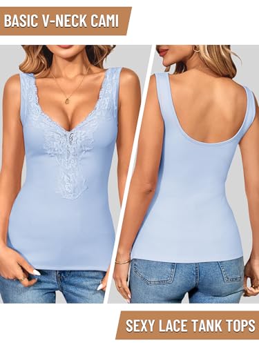 Image of Womens Lace Tank Top Sexy Deep V Neck Wide Strap Tops Fitted Basic Cami Shirts