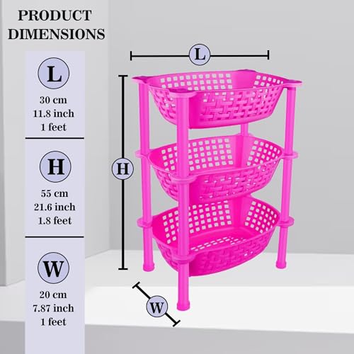 Image of Sulfar Multipurpose Plastic Trolley with Dish Rack for Kitchen Vegetable Storage Basket Modern Organizer - 3 Layer Stackable Shelf Cart Food, Snacks, Bottles, Toys, Tiered Shelf (Pink)