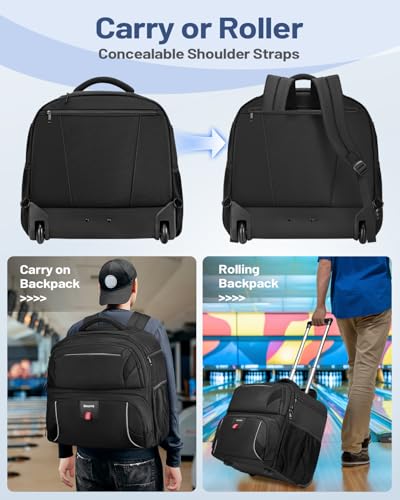 Bosynoy 2 Ball Bowling Bag with Wheels, Bowling Ball Bag Roller with Shoe Compartment for Shoes (Up to US Men Size 16), Rolling Backpack with Accessory Pocket&Retractable Handle