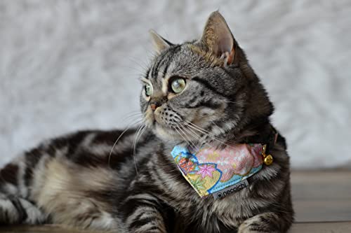 Necoichi Bandana Cat Collar with Air Tag Pocket (Blossoms Baby Blue) with bell safety breakaway soft lightweight for cats kitty kitten Japanese stylish pattern, No.1 Seller in Japan