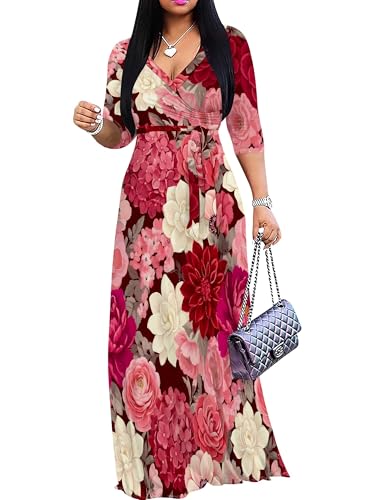 Image of PinkPatty Women's Plus Size Maxi Dresses Casual Flowy 3 /4 Sleeves Dress Printed Vacation Dress for Daily Wear with Belt