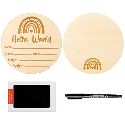 Image of R HORSE Baby Birth Announcement Sign with Marker Pen, Boho Rainbow Baby Name Sign with Ink Pad for Hand and Footprints, Wooden Hello World Newborn Announcement Nursery Decor Keepsake Gifts