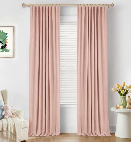INOVADAY 100% Blackout Curtains for Bedroom, Blush Pink Black Out Curtains 84 Inch Long, Clip Rings Linen Blackout Drapes, Thermal Insulated Room Darkening for Living Room, 2 Panels - W50xL84