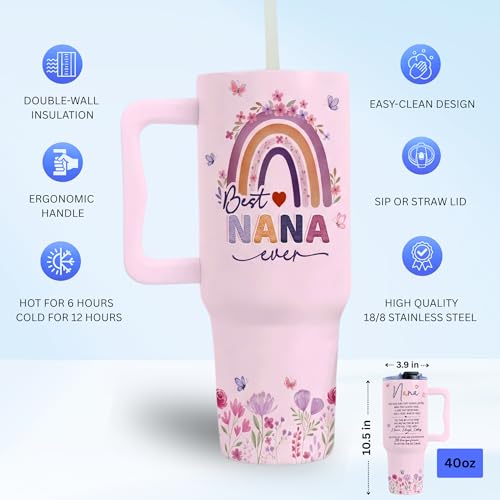 TAMUNBEE Gifts for Nana, Nana Birthday Gift Tumbler 40oz with Handle and Straw, Nanas Gifts for Birthday, Christmas, Retirement from Grandkids or Family, Nana's Tumbler