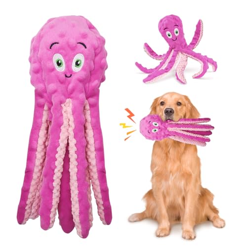 Glirop Octopus Interactive Toy - No Stuffing Squeaky Plush with Crinkle Paper for Small Medium and Large Dog Training and Playing (Pink)
