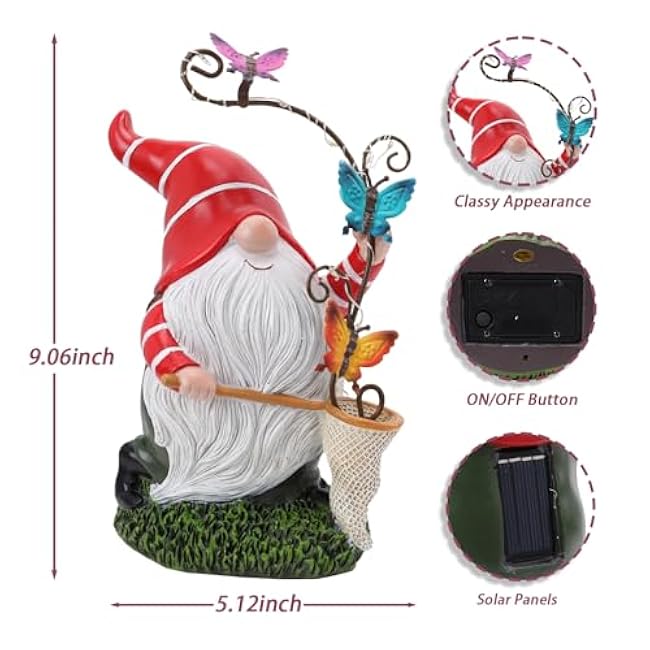 Garden Gnome Statue, Solar Funny Gnomes Figurine Catching Butterflies with LED Lights Waterproof Resin Outdoor Decor for Patio Lawn Yard Home Tabletop Decoration