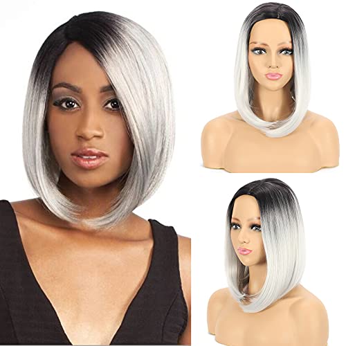 Ombre Gray Short Bob Wigs for Women Black and White Short Straight Bob Wigs Silver Gray Bob Wig Heat Resistant Synthetic Hair Replacement Wig (Ombre Silver Gray)