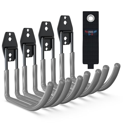 3-H Ganchos de Garaje Resistentes en J, Paquete de 4 Ganchos de Almacenamiento de Garaje de Acero, Soporte de Pared y Organizador de Herramientas, Cuerdas, Cables(gris)