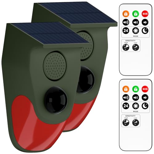 Solar Powered Motion Sensor Alarm with Remote Control, Driveway Alarm,Waterproof Outdoor Infrared Detector Security Siren, 24H/Day/Night Modes, Anti-Theft Animal Repeller for Garden Farm Yard,2 PCS