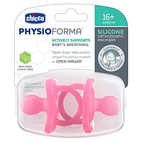 Image of Chicco PhysioForma 100% Soft Silicone One Piece Pacifier for Babies Aged 16-24 Months | BPA & Latex Free | Reusable Sterilizing Case | Pink, 2pk