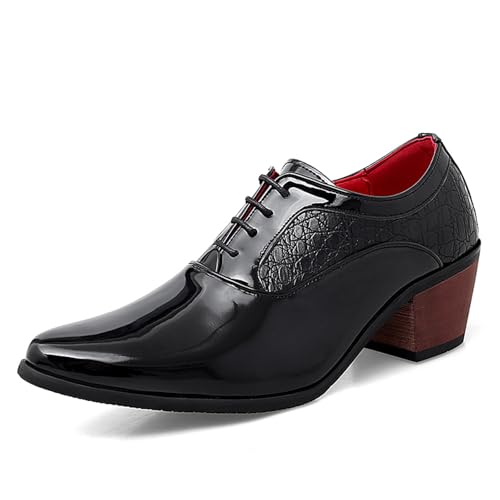 Men's Pointed-Toe Patent Leather Derby Oxford Shoes,Classic Lace-up Low Top High Heel Fashion Prom Business Wedding Dress Shoes