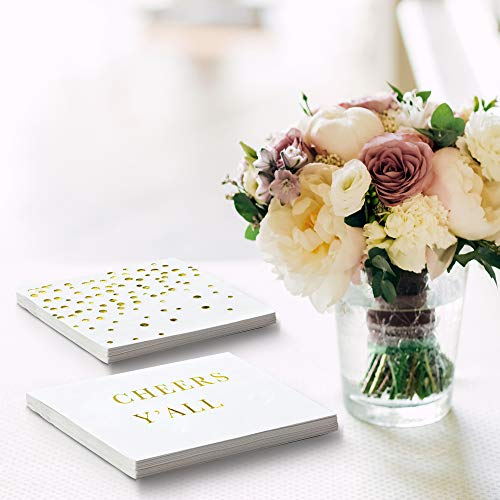 Gold Cocktail Napkins - Cheers Y'all Party Napkins, Wedding Napkins, 3-Ply Disposable Paper Napkins For Wedding Reception, Engagement Party, Bridal Shower, Birthday - Gold Napkins By Sunshine Supply #TOP6