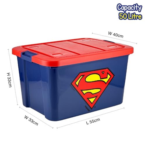 Image of Nayasa Superman Toy Box 50 Ltr | DC Superhero Print Plastic Storage Box with Lid | Stackable Organizer & Strong Durable | Blue