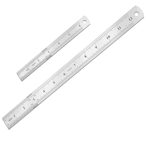 2 Pack Metal Ruler, Double-Sided Scale【6,12inch/15,30cm】 Steel Ruler Set for Architects, Home,School， Office, and Craft