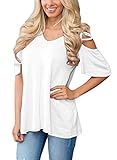 HOTAPEI V Neck T Shirts Casual Loose Cut Out Shoulder Summer Tops For Women White Large