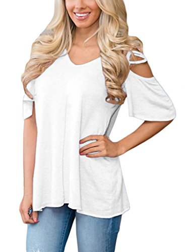 HOTAPEI V Neck T Shirts Casual Loose Cut Out Shoulder Summer Tops for Women White Large