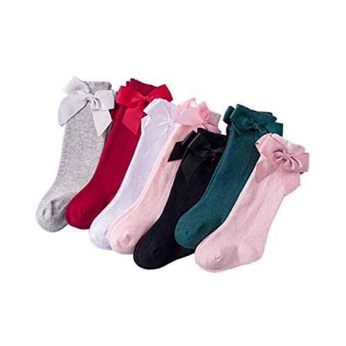 Honganda Kids Toddler Baby Girl Knee High Socks, Ruffle Stockings with Bow Long Cotton Tube Uniform Dress Socks 0-7 Years3