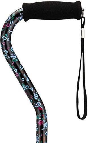 Designer Walking Cane with Offset Handle, Lightweight Adjustable Walking Stick with Carrying Strap,"Black w/Blue and Pink Flowers" Design, Black W/Blue and Pink Flowers